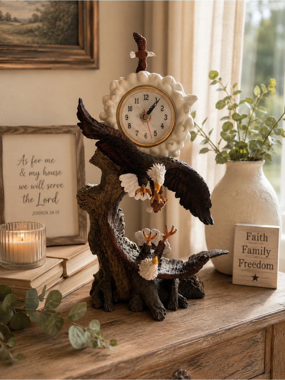 Vintage Eagle Table Clock Sculpture in Brown and White working